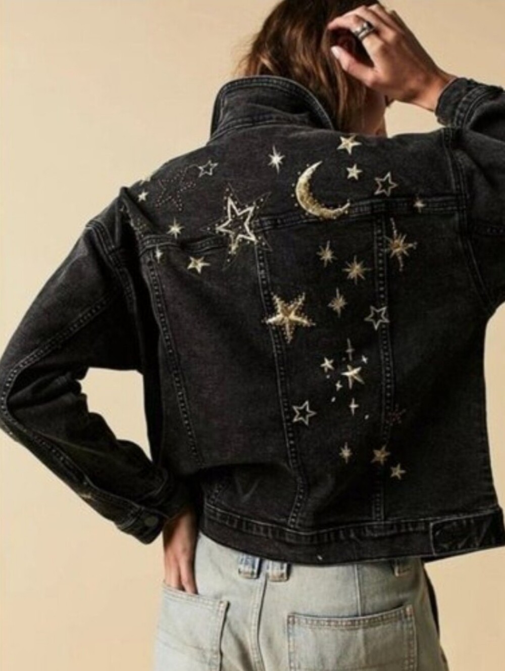 Driftwood x Free People Piper Star Studded Denim Jacket Celestial Black Size L